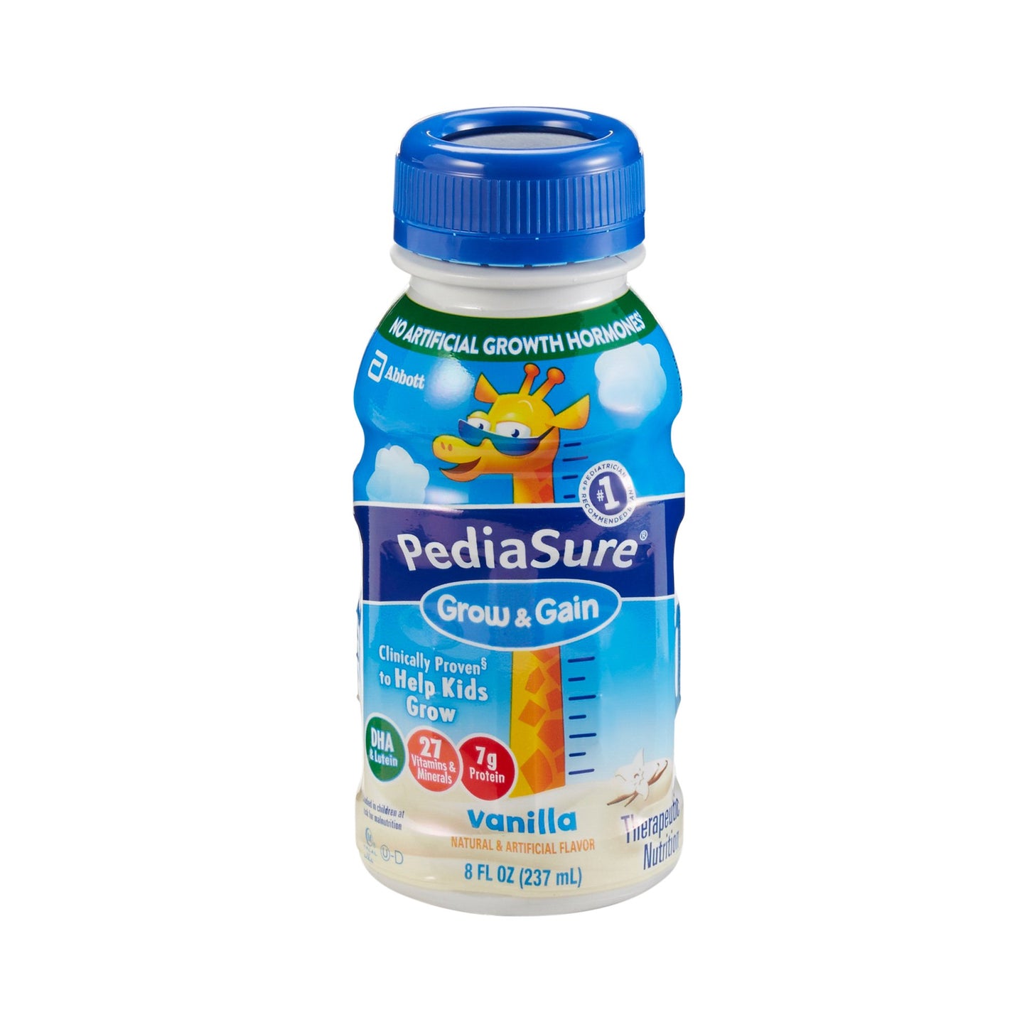 Pediasure Grow & Gain bottle with blue cap on a white background