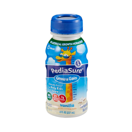 Pediasure Grow & Gain bottle with blue cap on a white background
