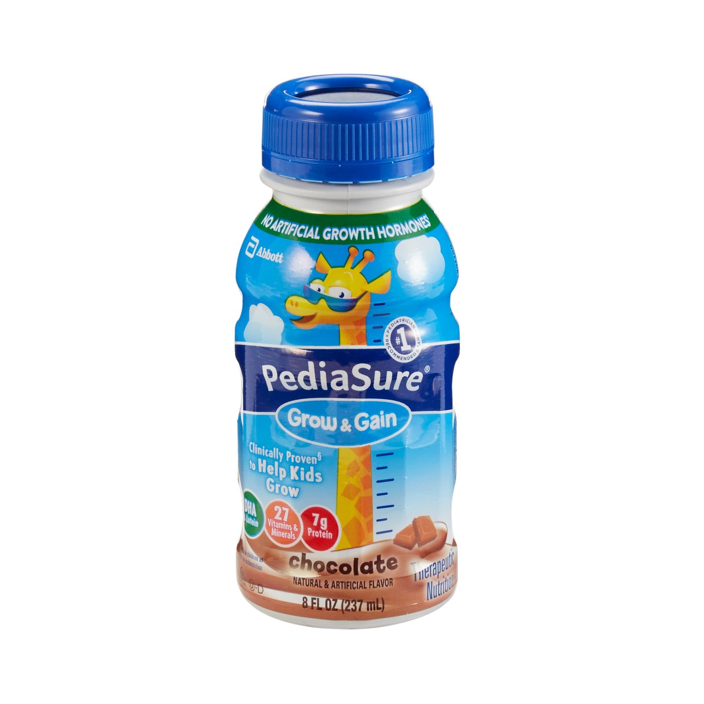 PediaSure Grow & Gain chocolate flavor bottle on a white background