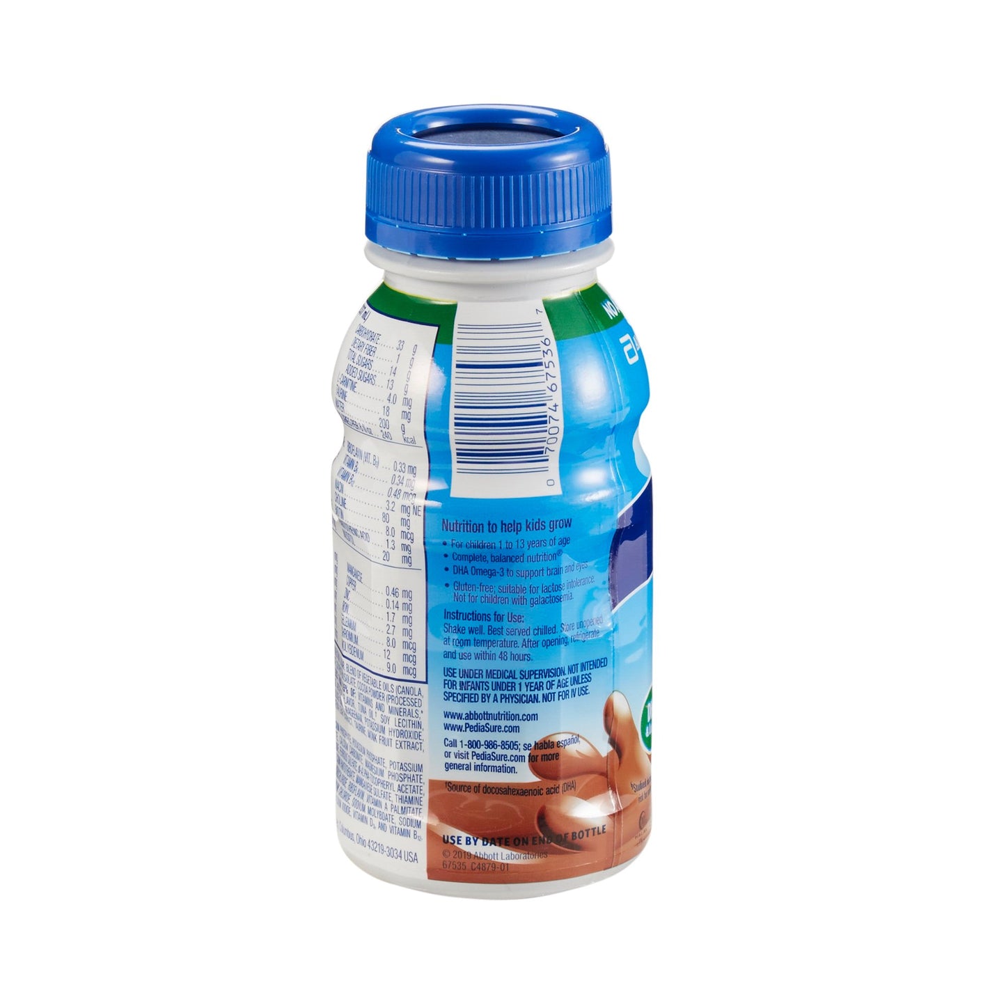 Bottle with blue cap and visible label on a white background
