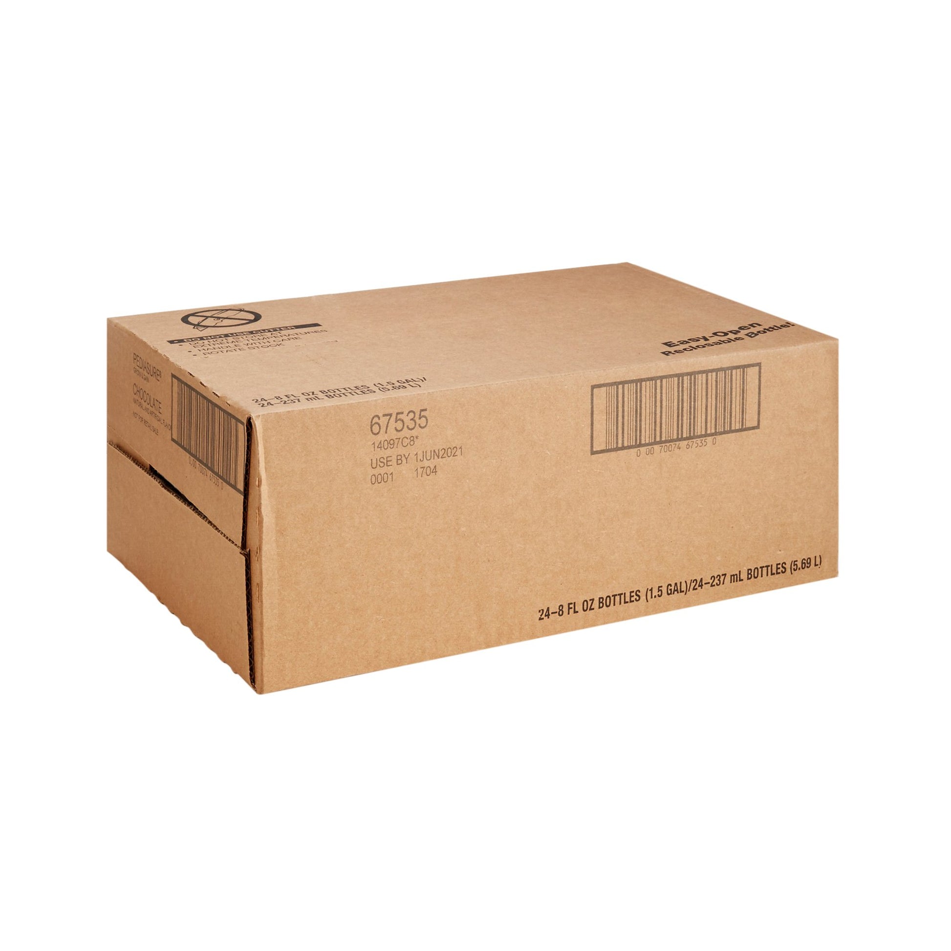 Brown cardboard box with product details on a white background