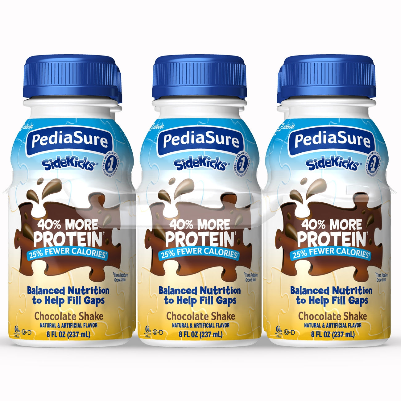 Three bottles of PediaSure SideKicks Chocolate Shake on a white background