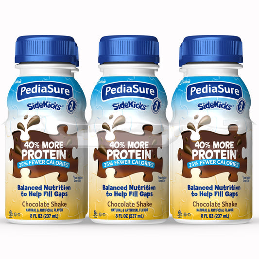Three bottles of PediaSure SideKicks Chocolate Shake on a white background