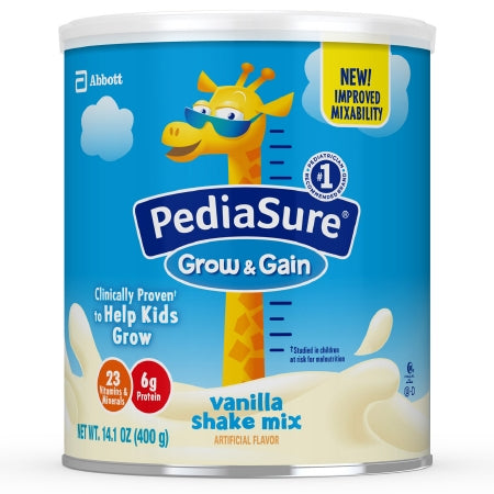 PediaSure Grow & Gain Vanilla Shake mix canister with a giraffe character on a blue background