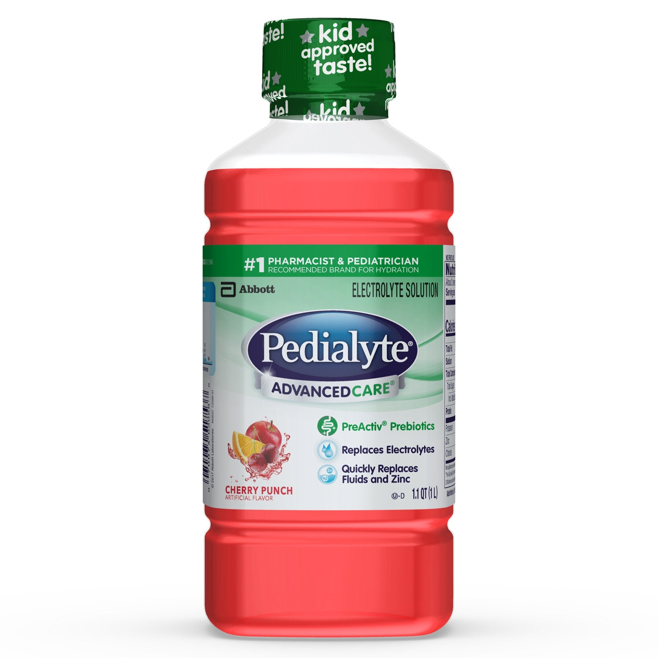 Pedialyte Advanced Care bottle with red body and green cap on a white background