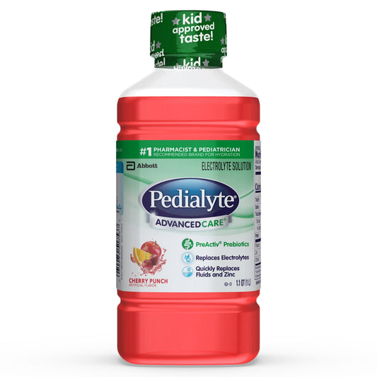 Pedialyte Advanced Care bottle with red body and green cap on a white background