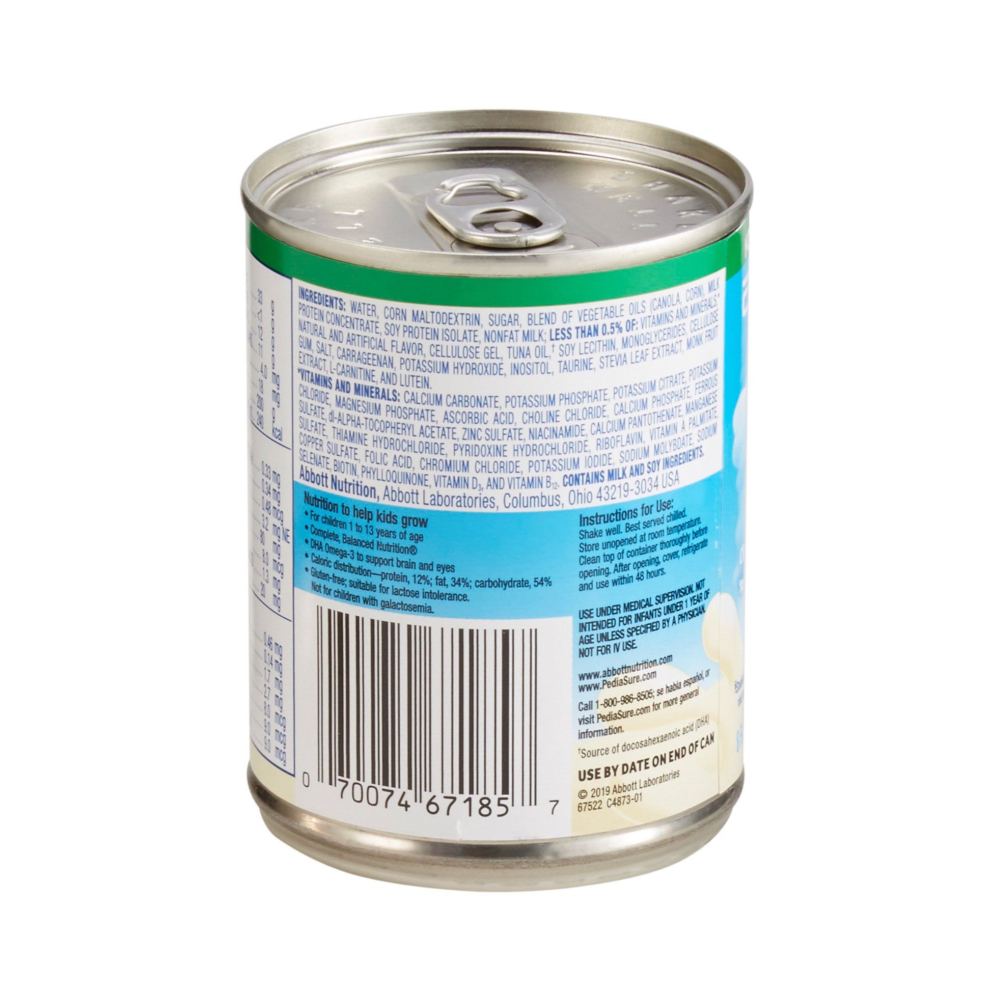 Back view of a can with nutritional information and barcode on a white background
