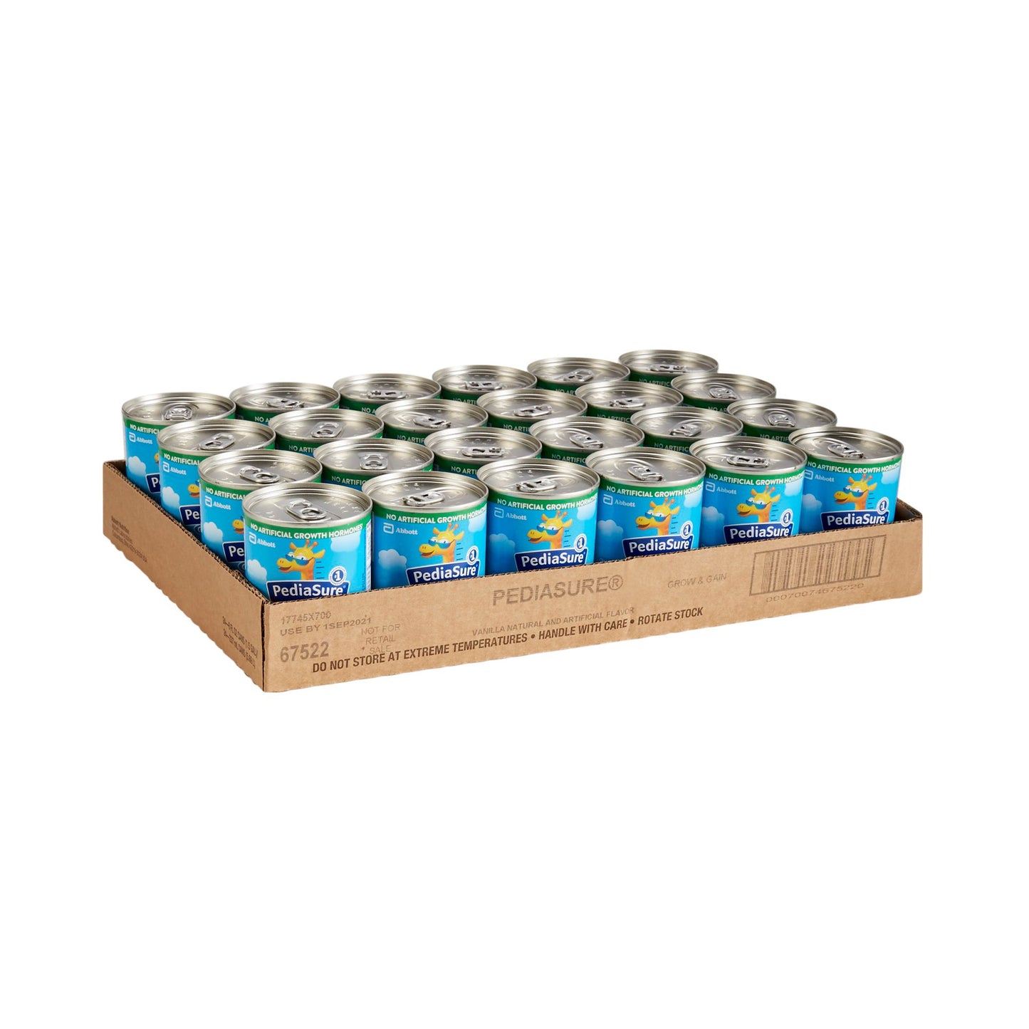 Carton of Pediasure protein powder cans on a white background
