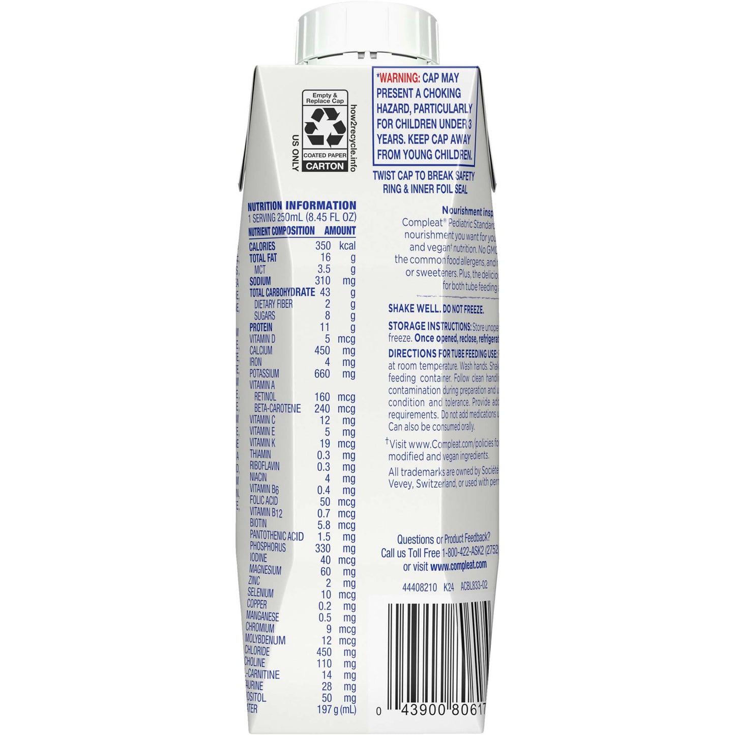 Back view of a white baby formula carton with nutritional information and recycling label on a white background