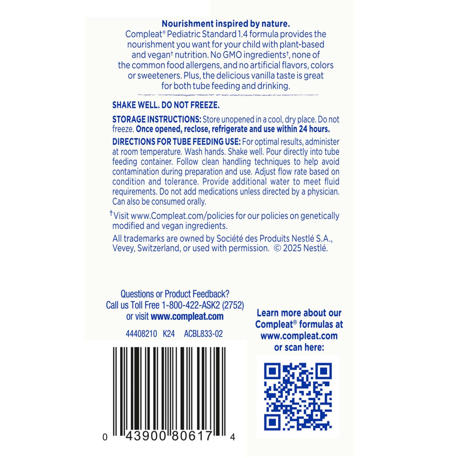 Back of a Completé Pediatric Standard 1.4 formula packaging with text and barcode.