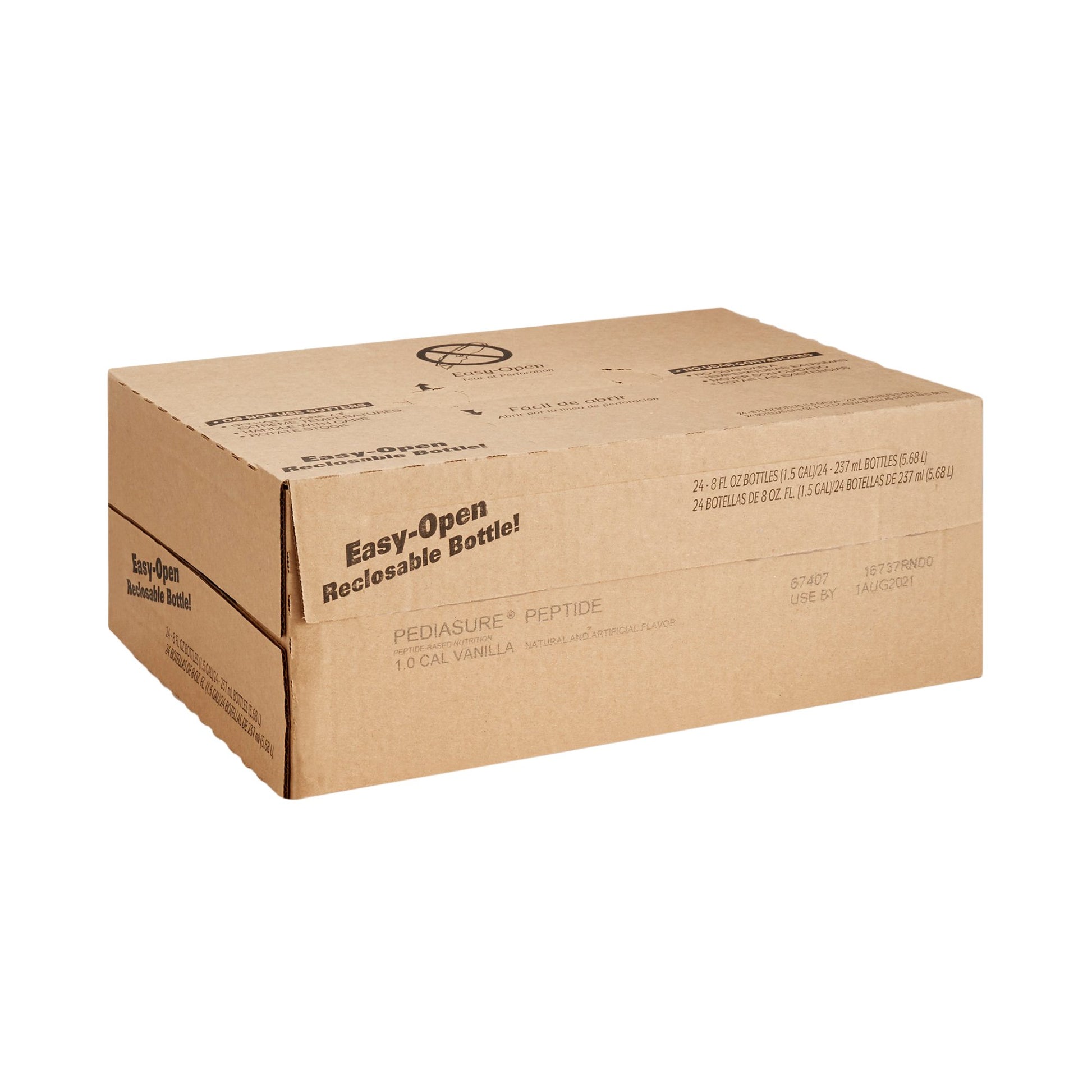Cardboard box with 'Easy-Open Recyclable Bottle' text on a white background
