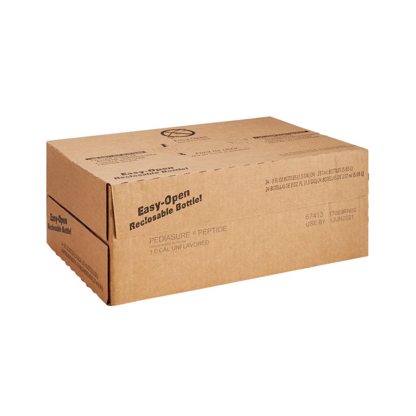 Cardboard box with 'Easy-Open Reclosable Bottle' text on a white background