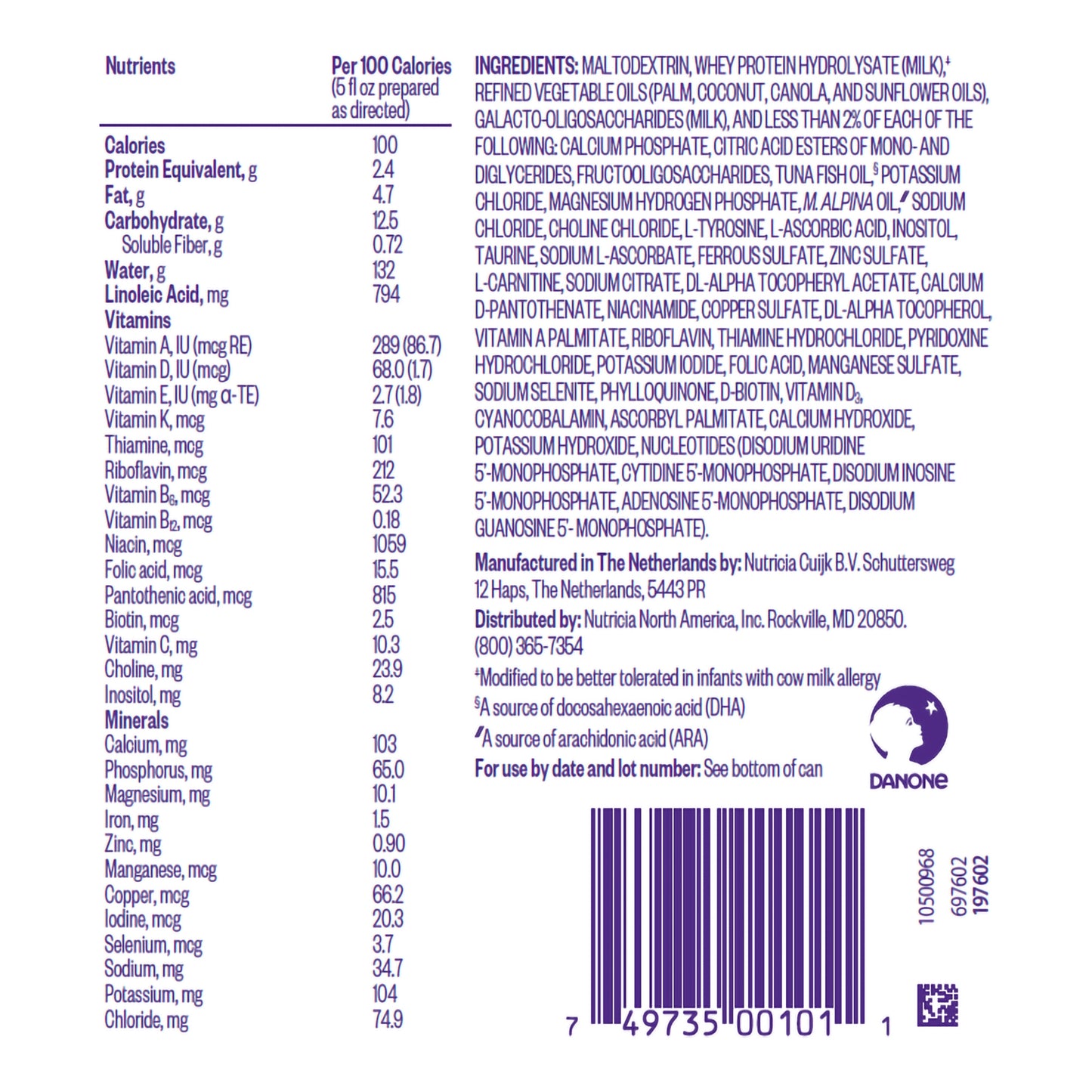 Nutritional information and ingredient list on a food product label with Danone branding.