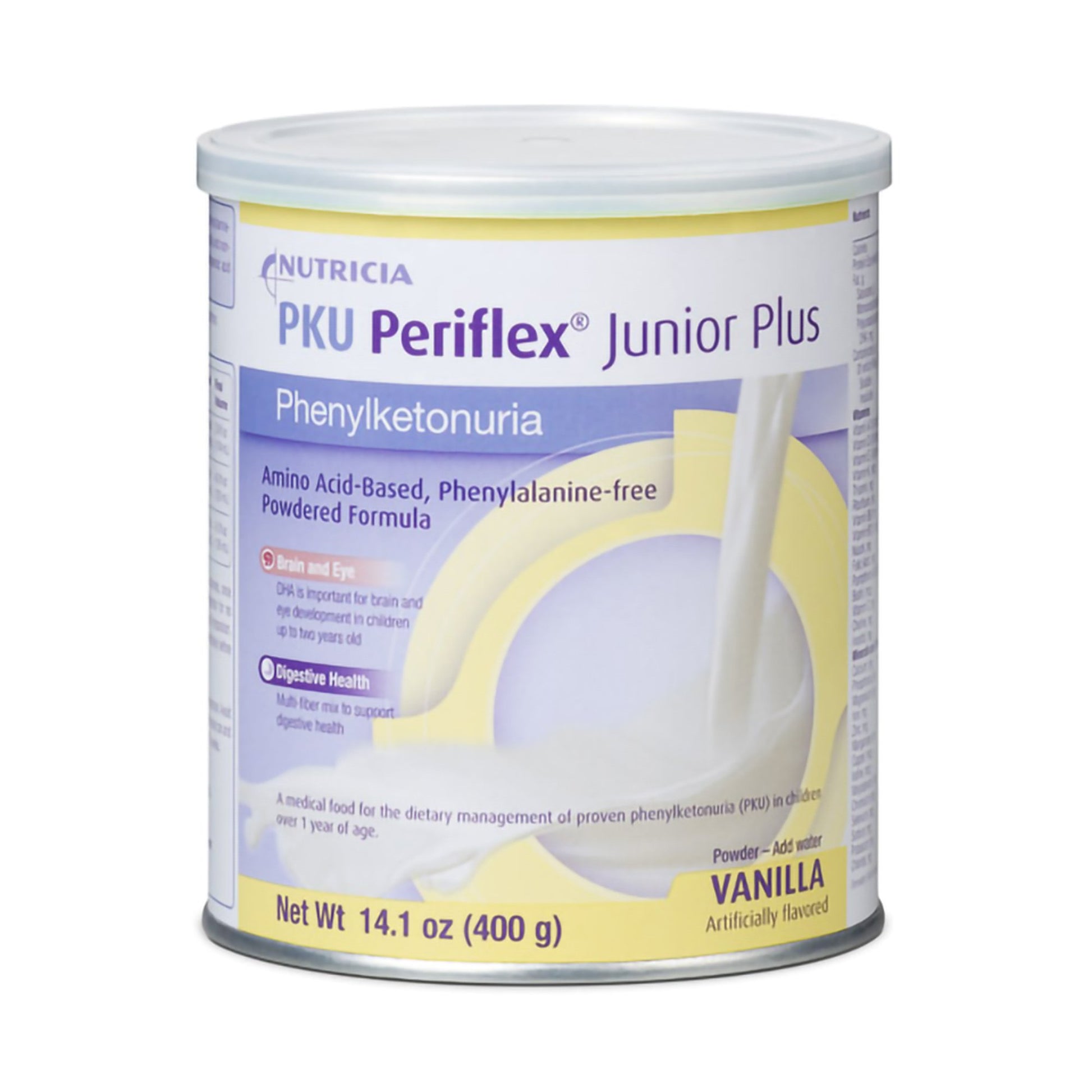 Can of Nutricia PKU Periflex Junior Plus formula on a white background