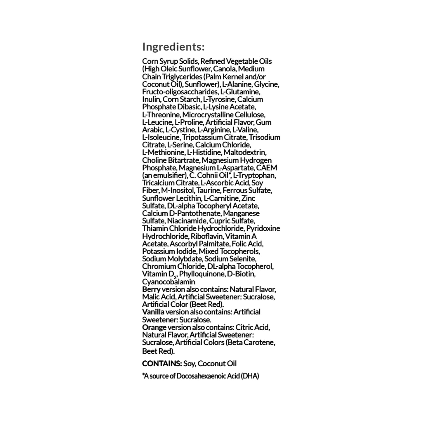 Long list of ingredients on a white background