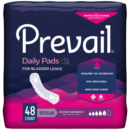 Package of Prevail daily pads for bladder leaks on a white background