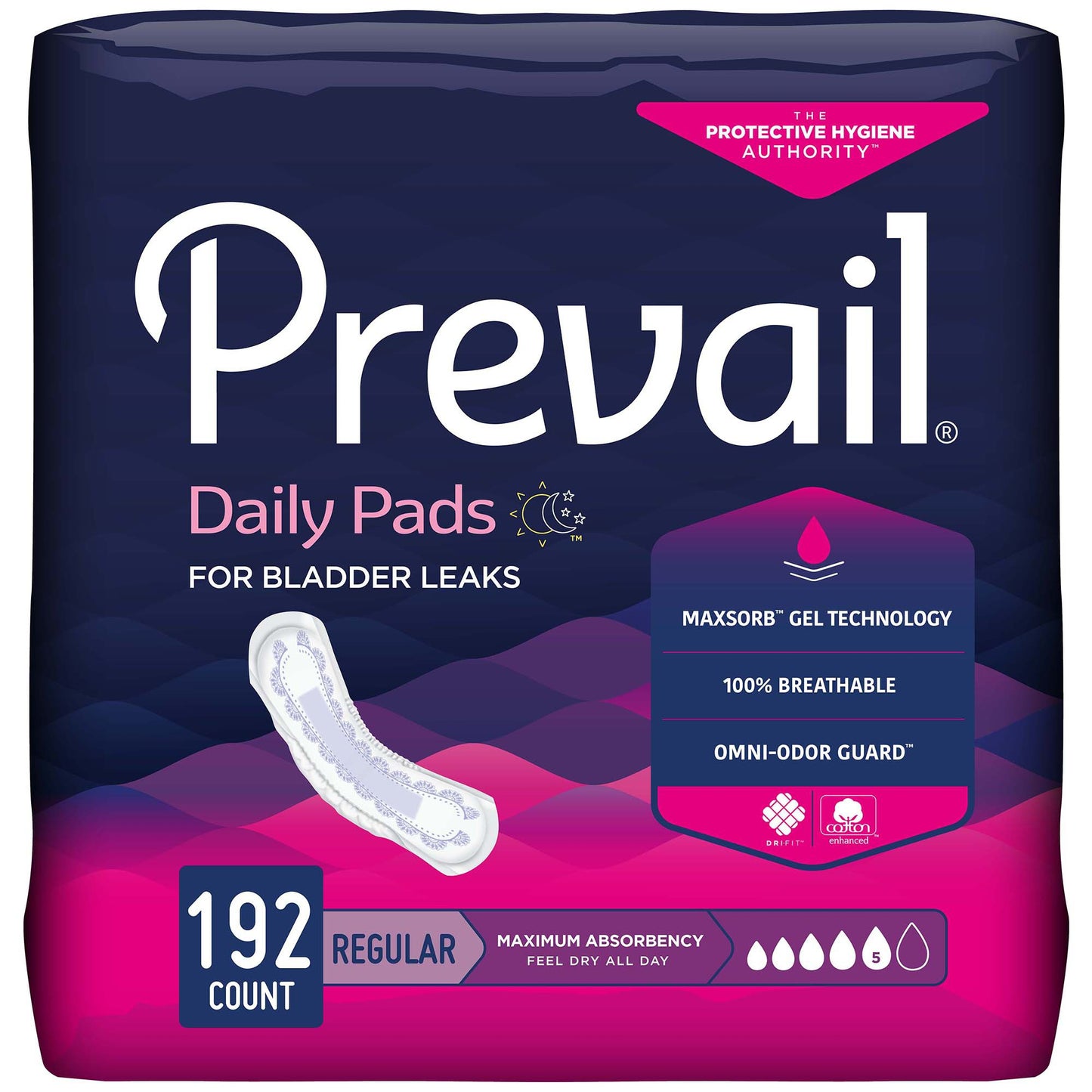 Package of Prevail daily pads for bladder leaks with product details on a dark blue and pink background.