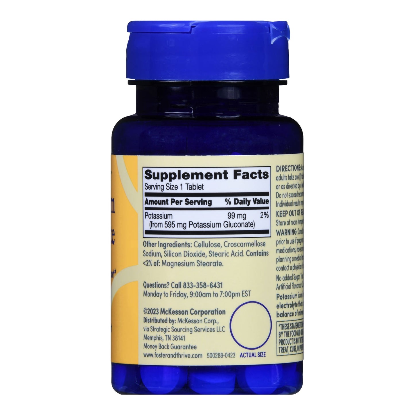 Supplement bottle with blue cap and yellow label on a white background