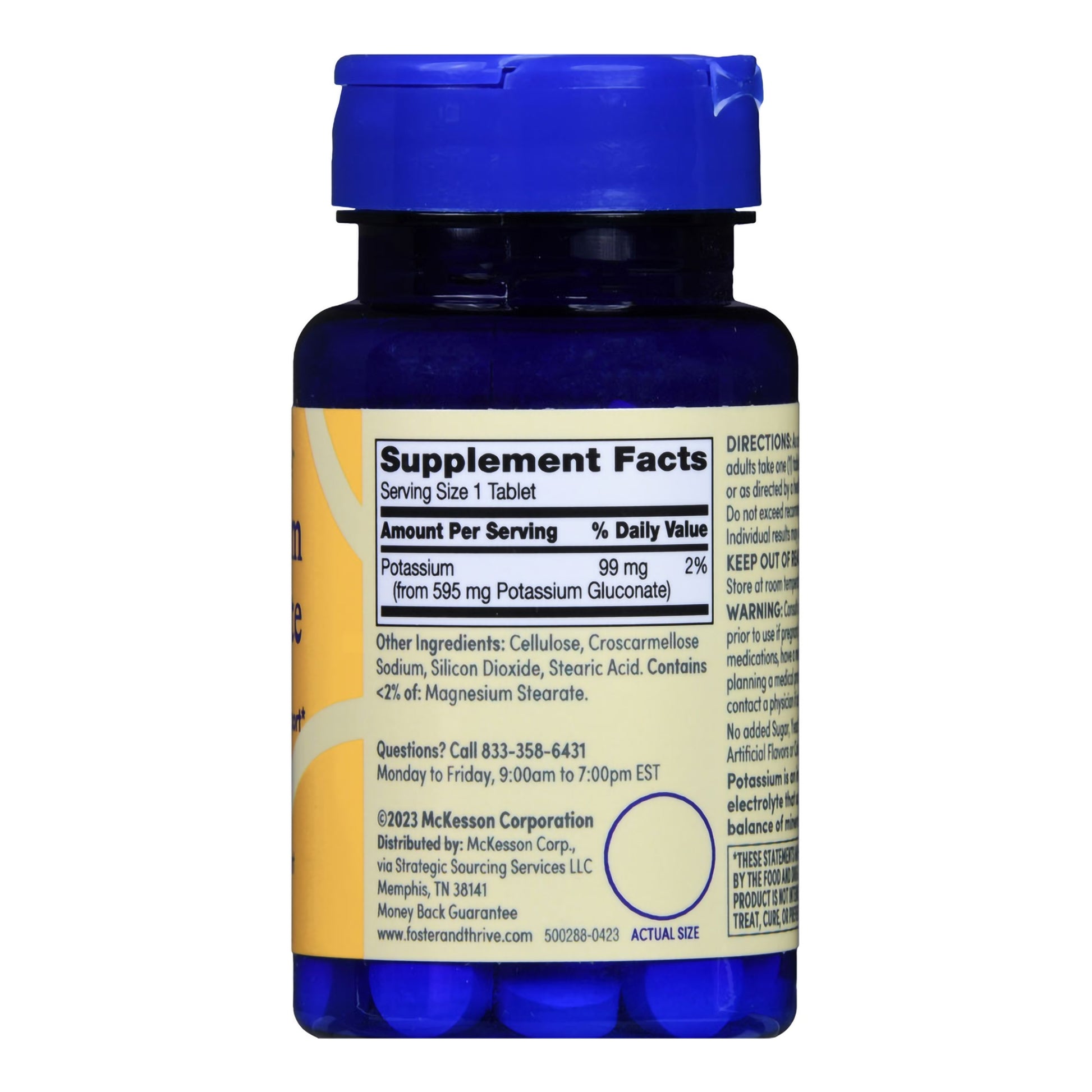 Supplement bottle with blue cap and yellow label on a white background