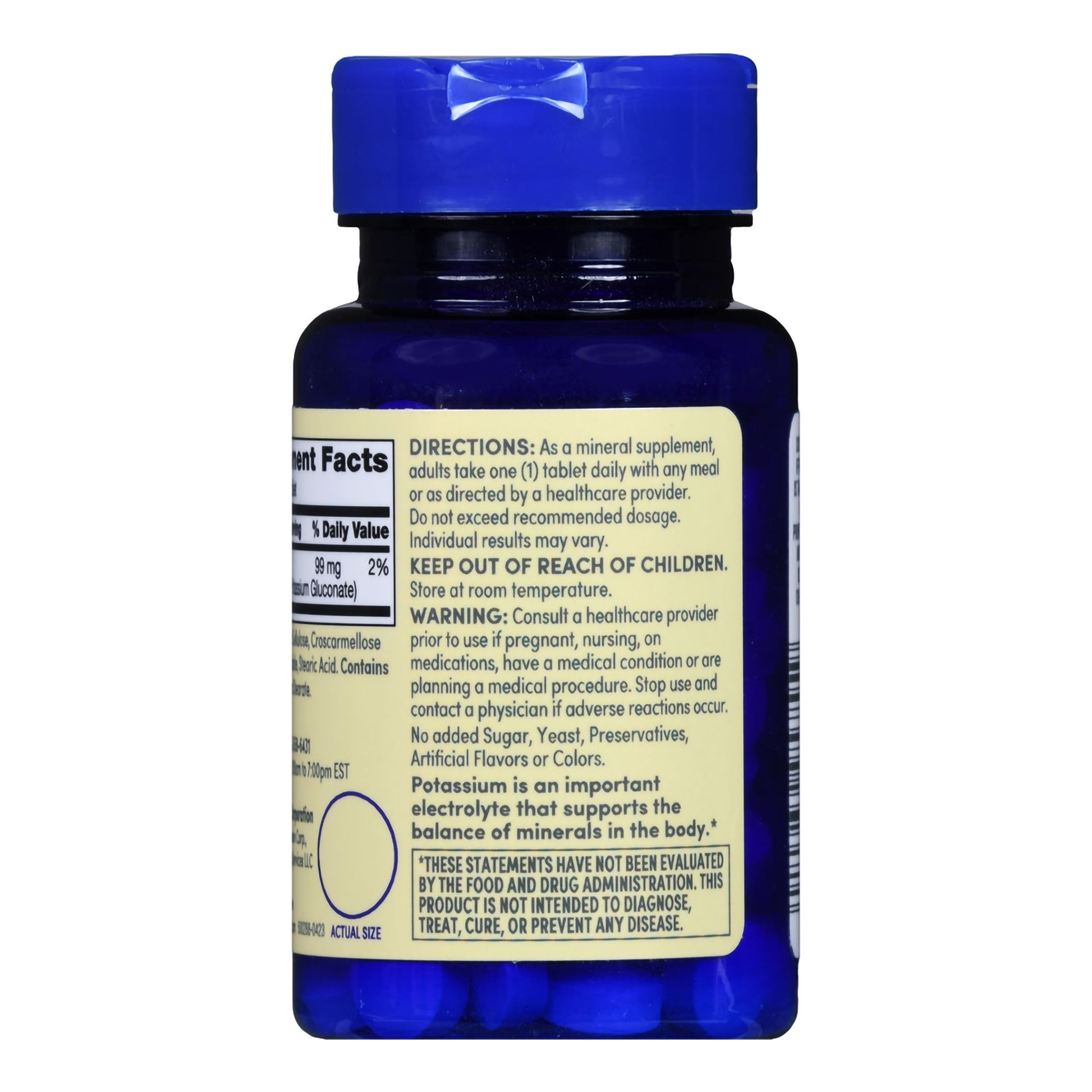 Blue supplement bottle with label on a white background
