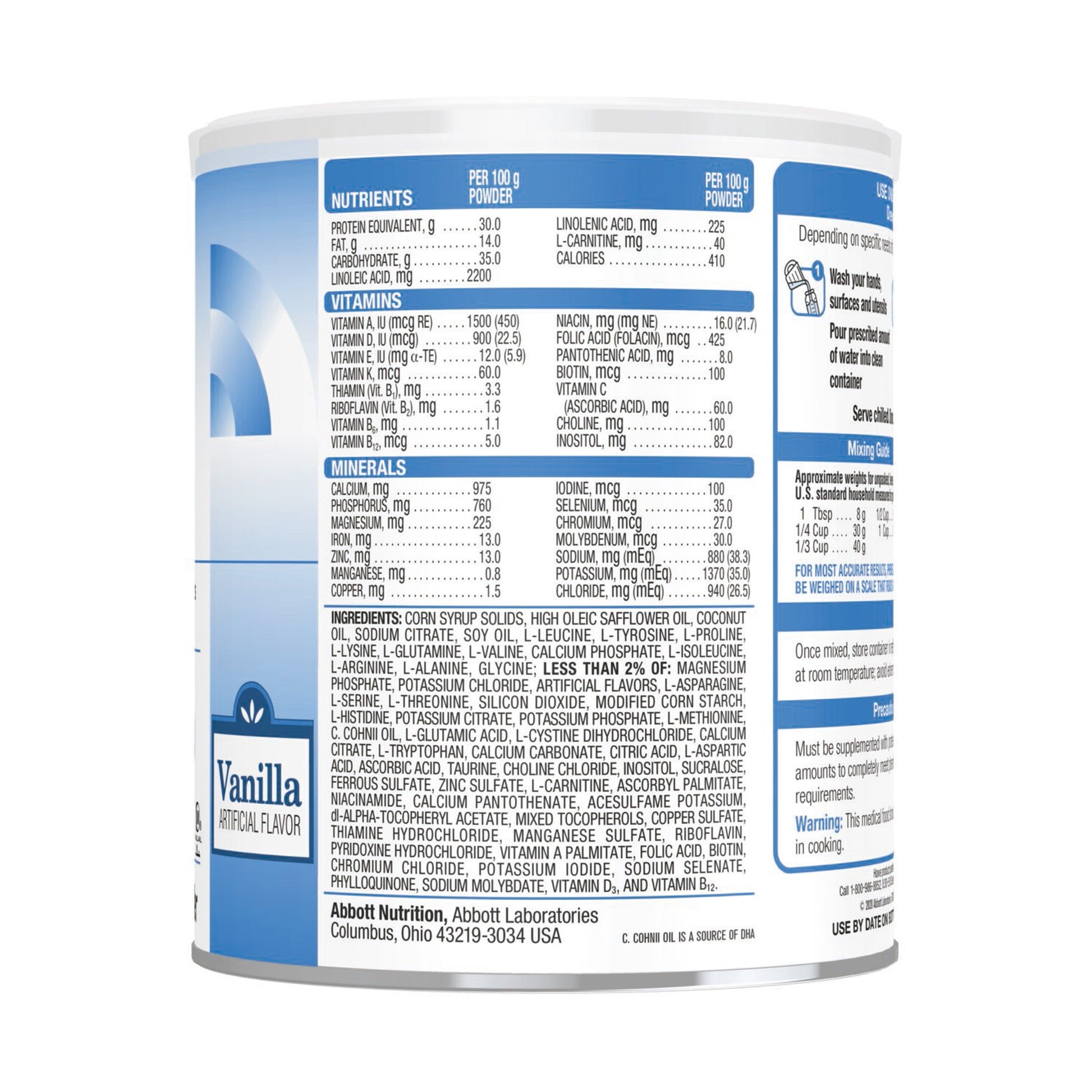 Nutritional label on a container of vanilla-flavored powder