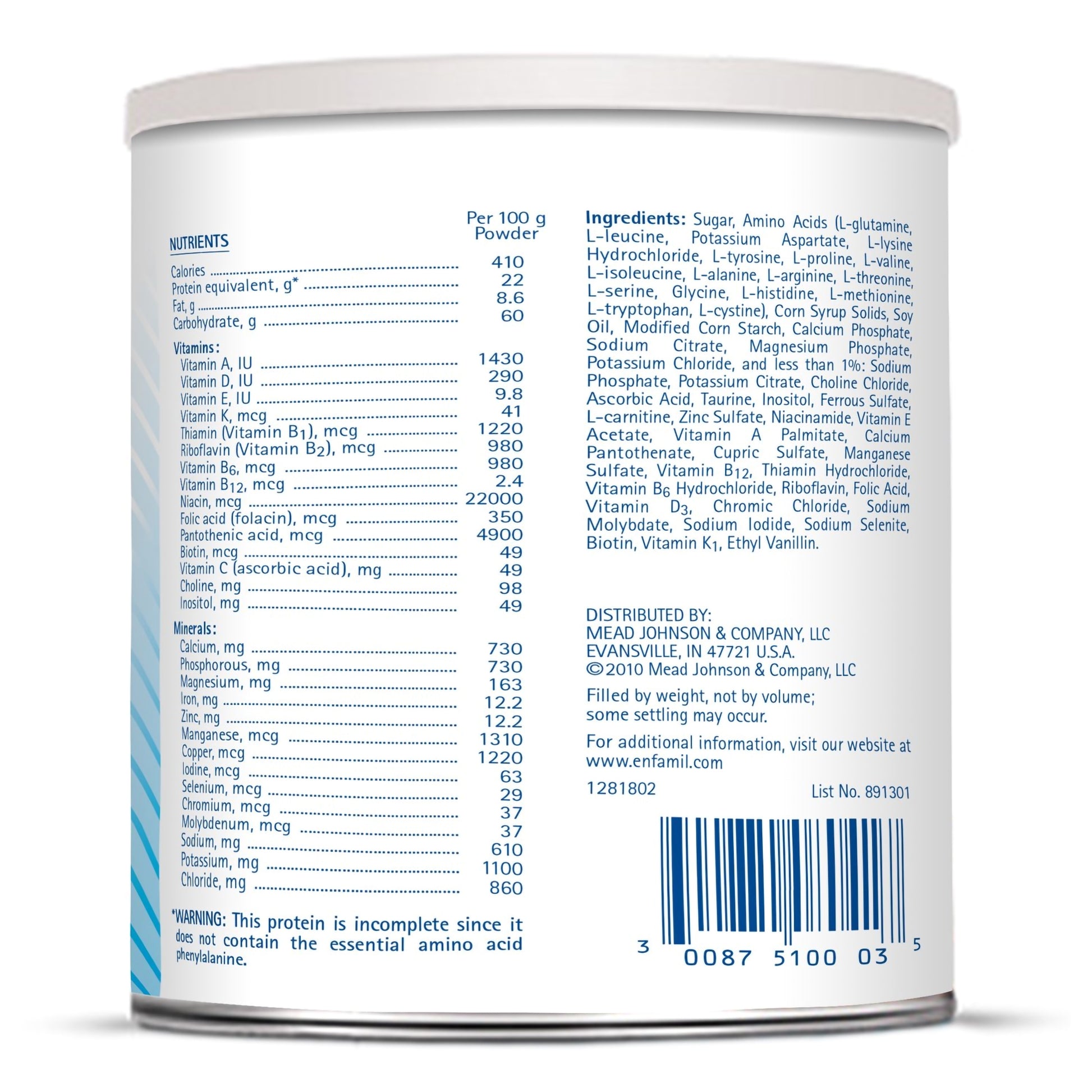 Back of a protein powder container with nutritional information and ingredients list.