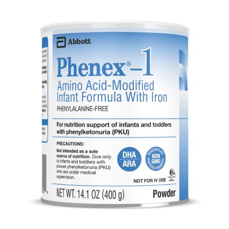 Can of Phenex-1 Amino Acid-Modified Infant Formula with Iron by Abbott on a white background
