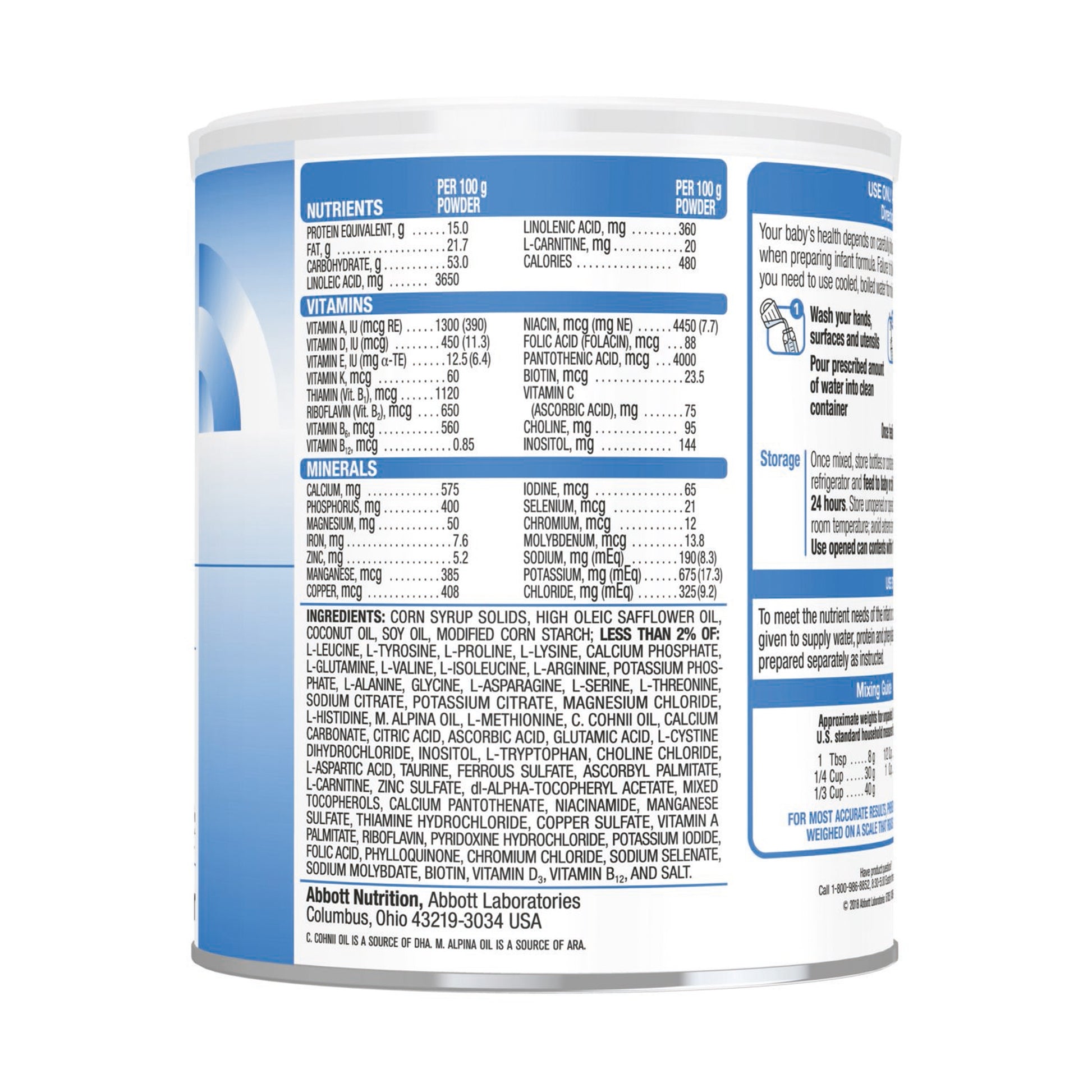 Nutritional label on a can of baby formula with blue and white design.