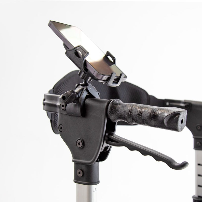Close-up of a phone holder with a handle and reflective surface on a white background