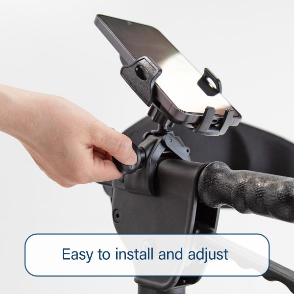 Hand adjusting a phone holder mount with text 'Easy to install and adjust' on a white background