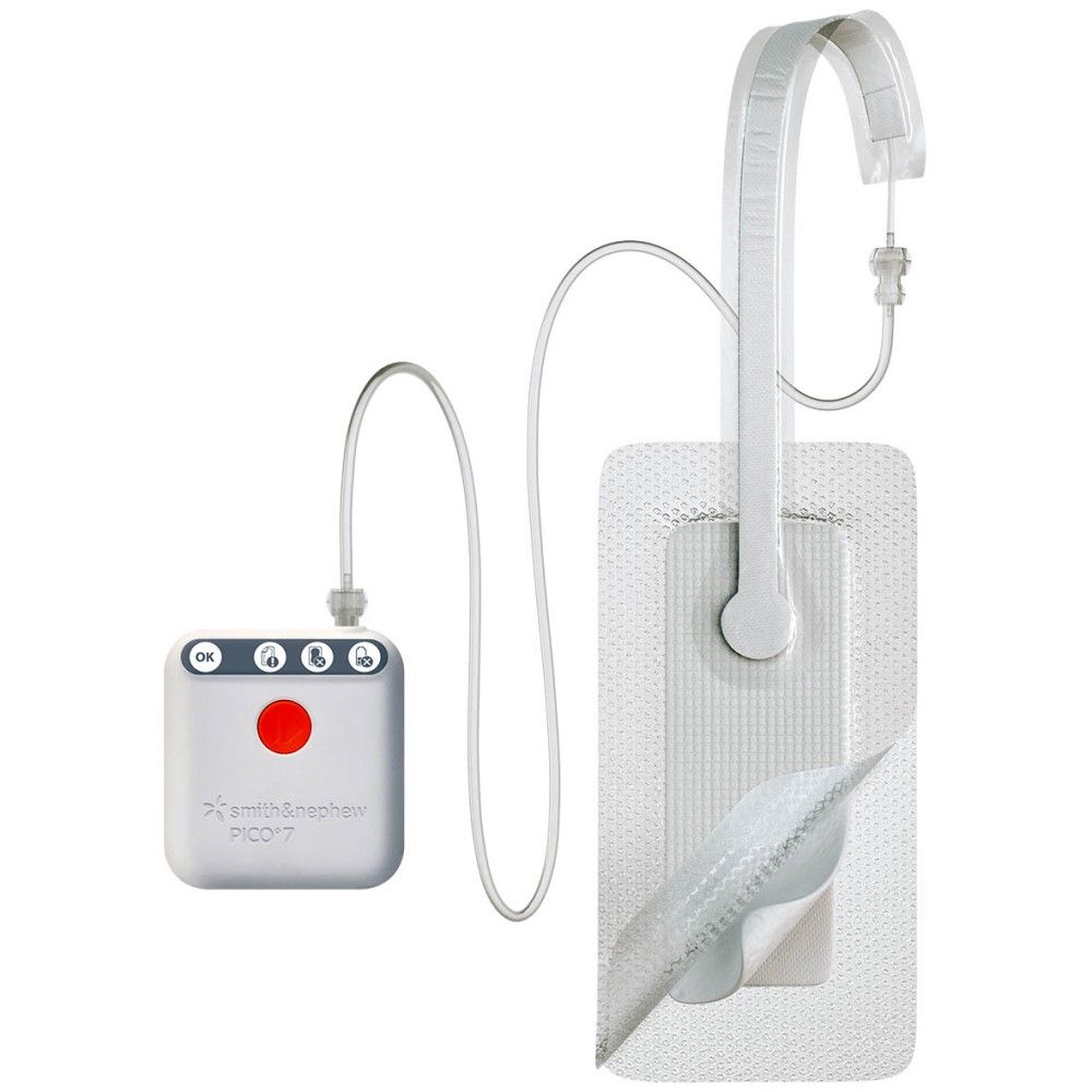 Medical device with a red button and attached tubing on a white background