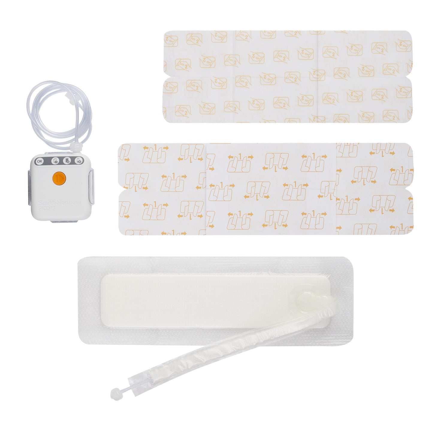 Set of white pads with gold patterns and a small electronic device on a white background