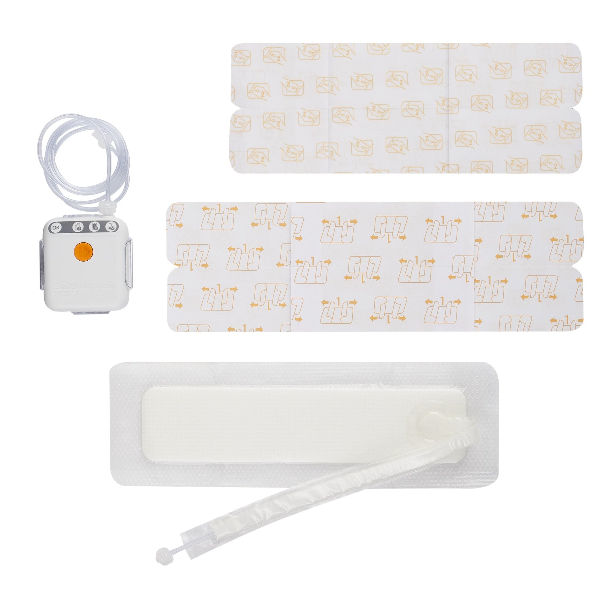 Set of white pads with gold patterns and a small electronic device on a white background