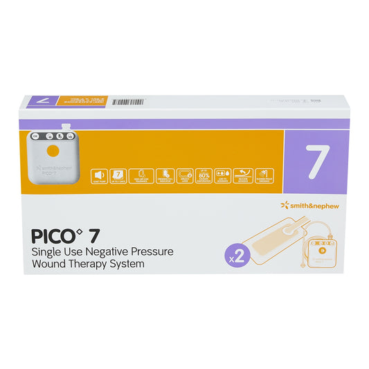 Box of PICO 7 Single Use Negative Pressure Wound Therapy System by Smith & Nephew on a white background