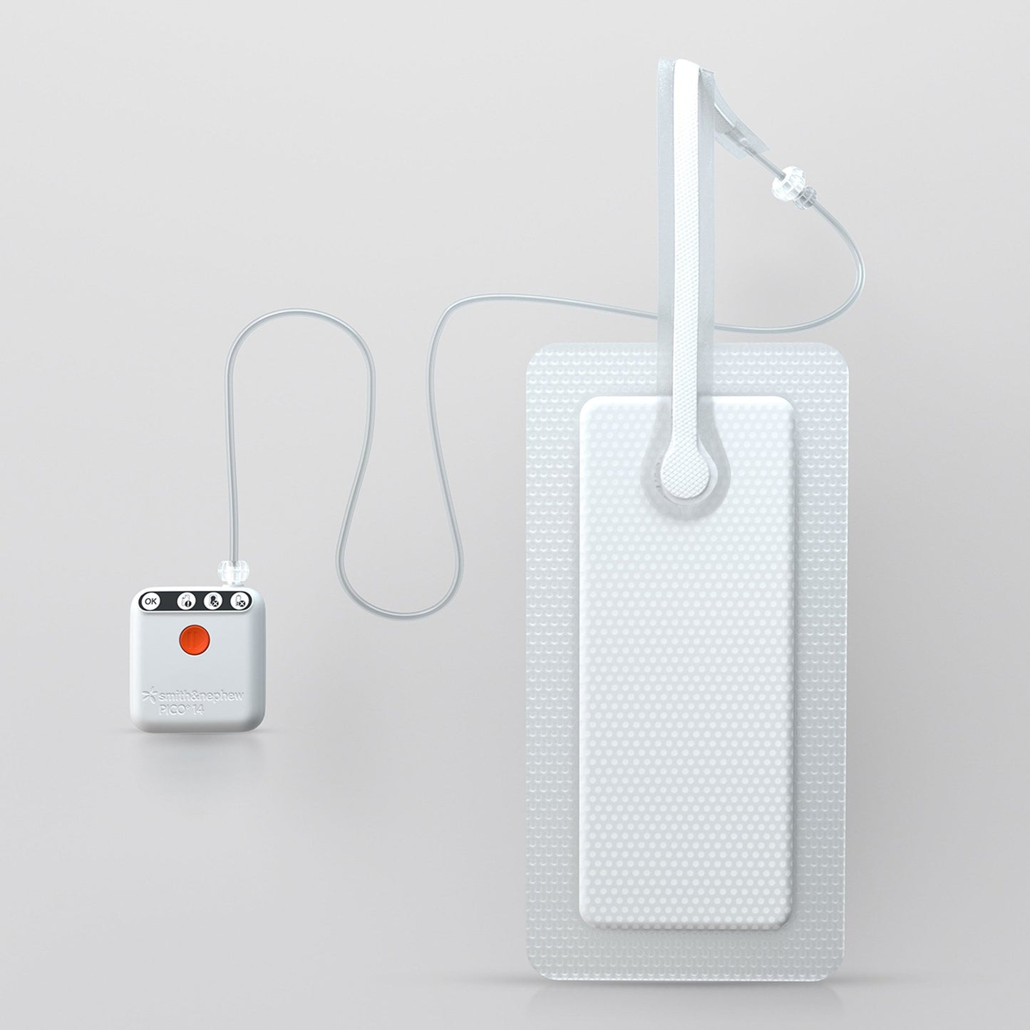 Electrode pad with cable and small device on a light gray background