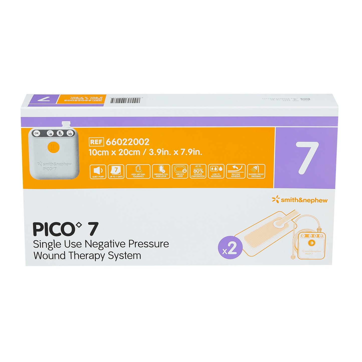 PICO 7 single use negative pressure wound therapy system packaging by Smith & Nephew on a white background