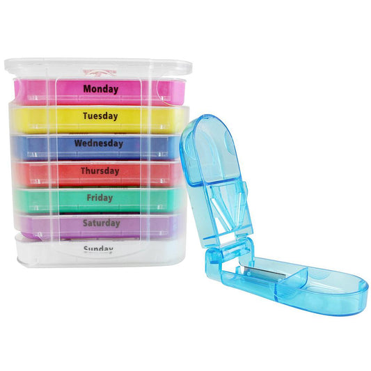 Weekly pill organizer with colorful compartments and a blue lid on a white background