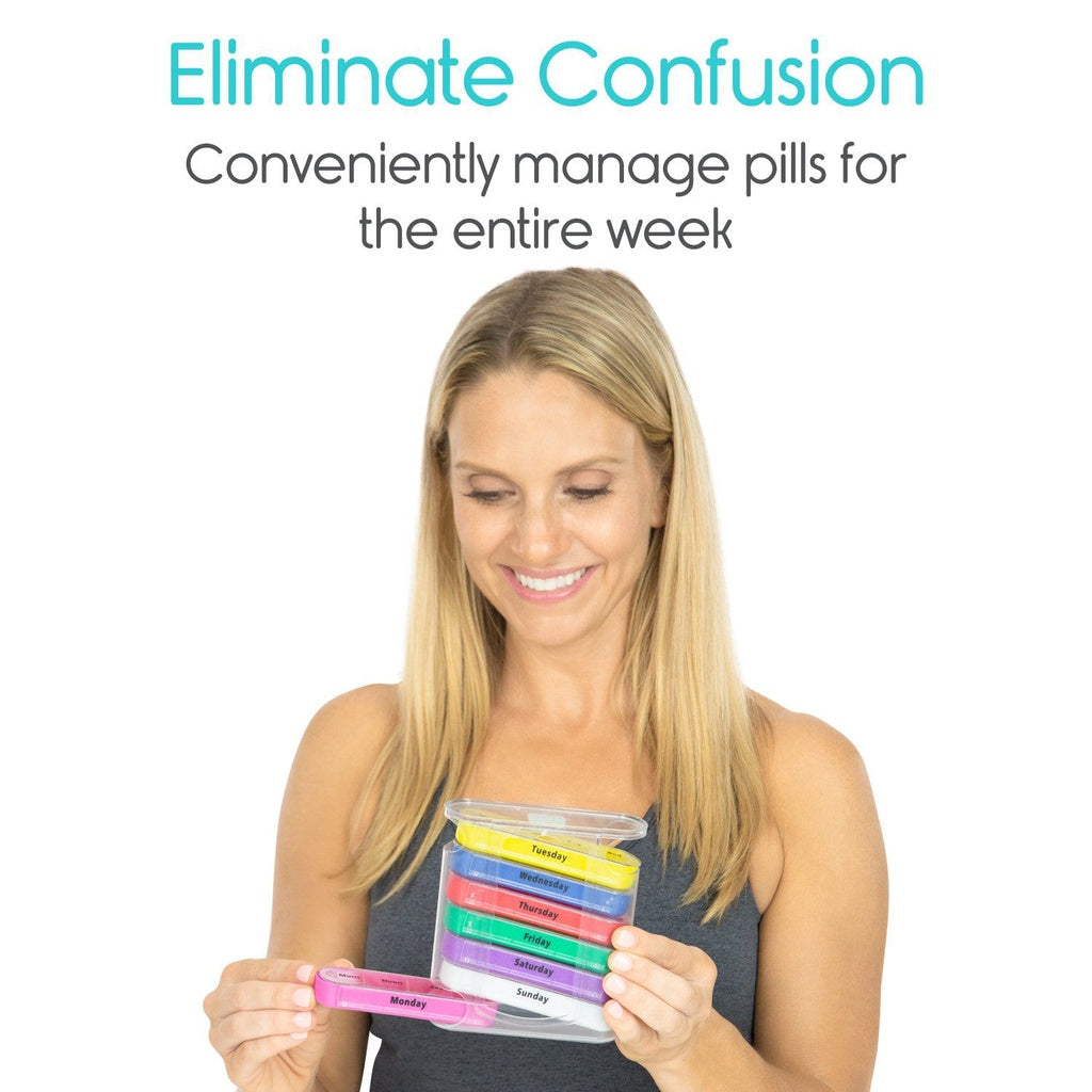 Woman holding a pill organizer with text 'Eliminate Confusion' and 'Conveniently manage pills for the entire week'.