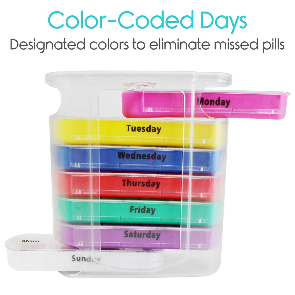 Pill organizer with color-coded days of the week labels on a white background