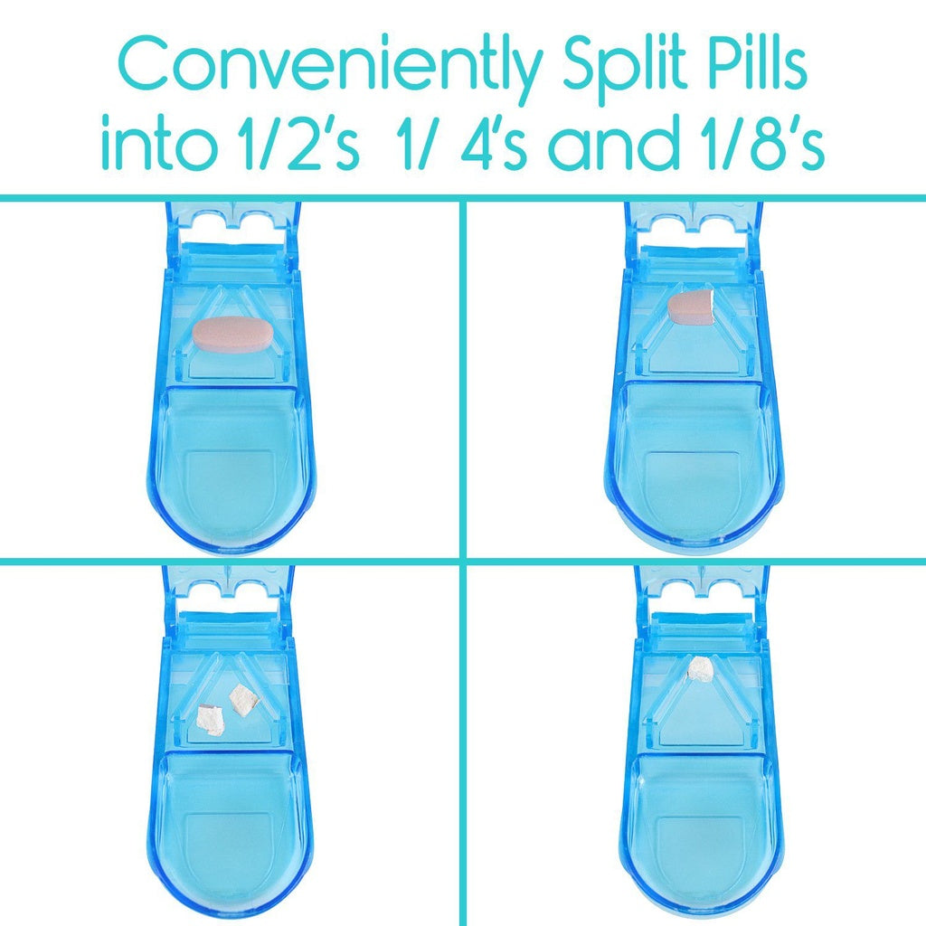 Blue pill splitter with text indicating it can split pills into fractions on a white background.