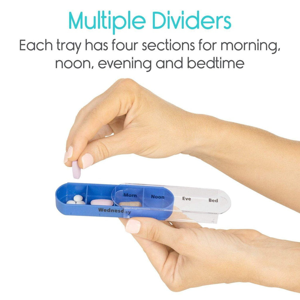 Hand holding a pill organizer with four sections for different times of the day on a white background.