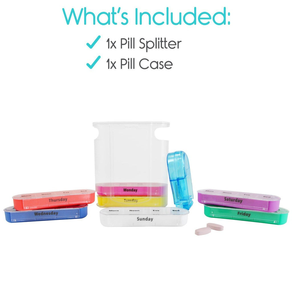 Pill splitter and pill case with colorful labels on a white background