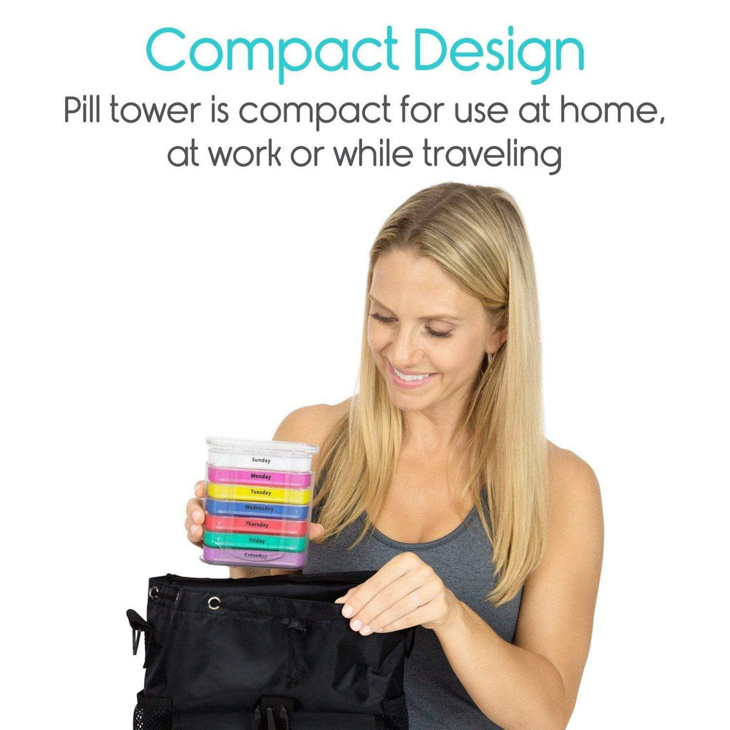 Woman holding a compact pill organizer with text about its portability.