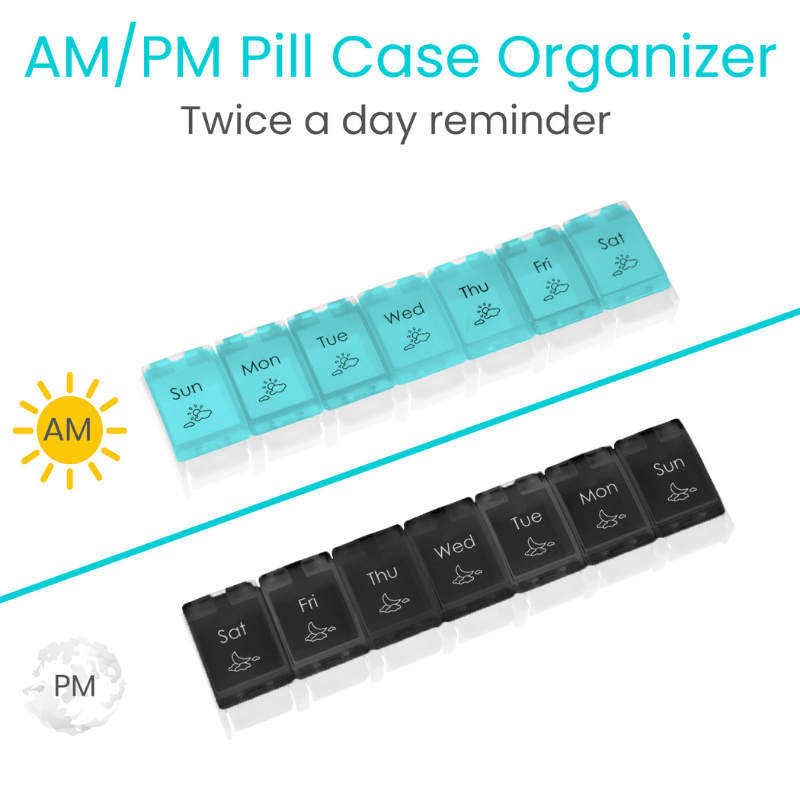 AM/PM Pill Case Organizer with blue and black compartments on a white background
