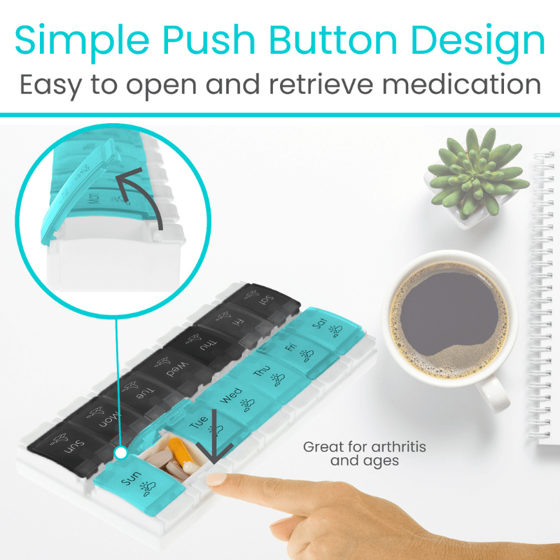 Medication organizer with push button design, cup of coffee, and plant on a white background