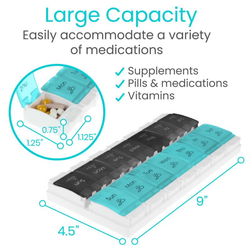 Multivitamin organizer with text highlighting its capacity for various medications.