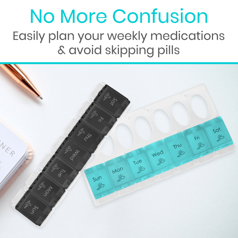 Two pill organizers on a white background with text about medication planning.