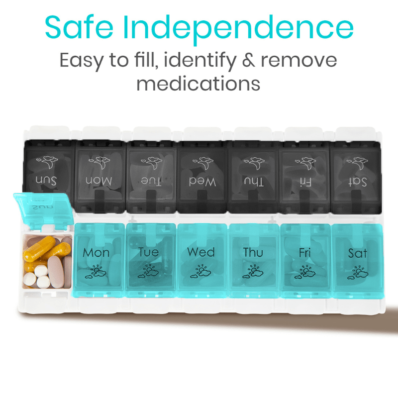 Weekly pill organizer with compartments for each day of the week, labeled 'Safe Independence'.