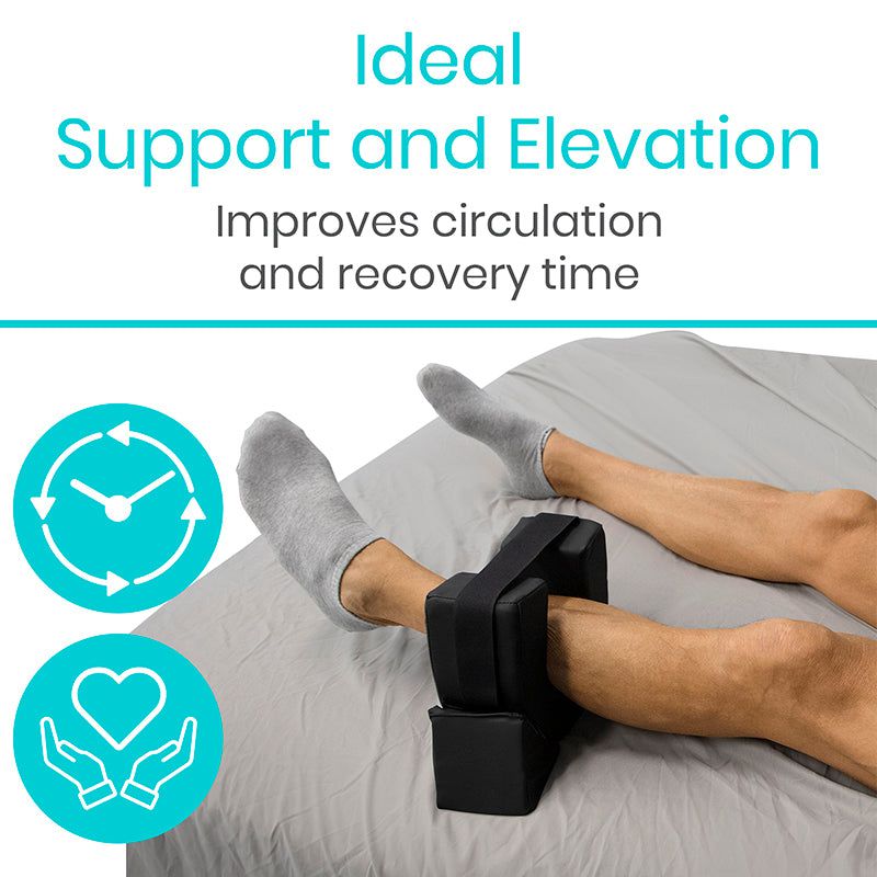 Person using a support block under their leg with text about improved circulation and recovery time.
