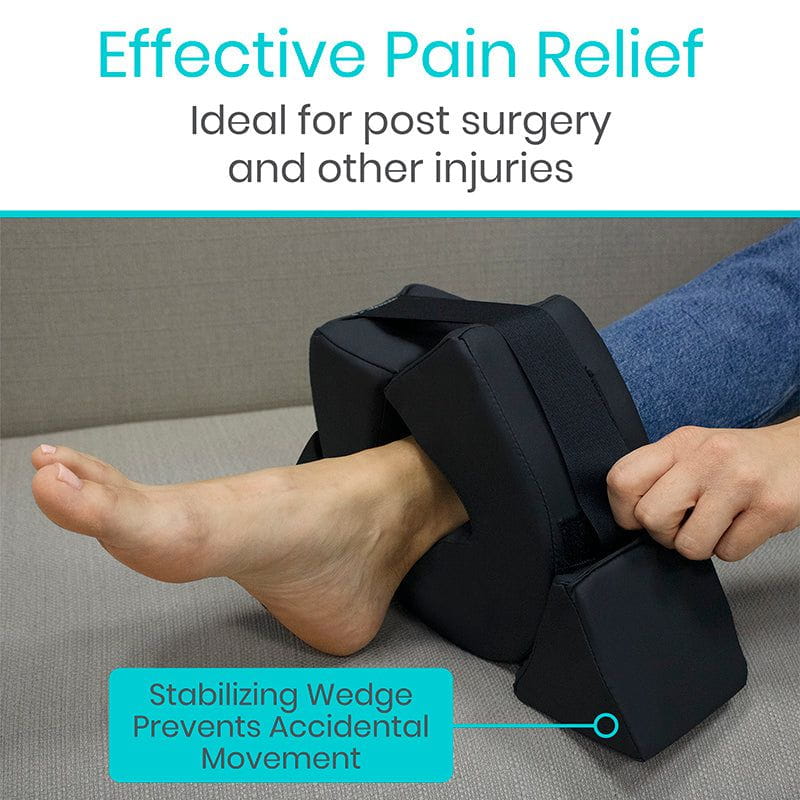 Person using a black leg support device with text about effective pain relief and stabilization.